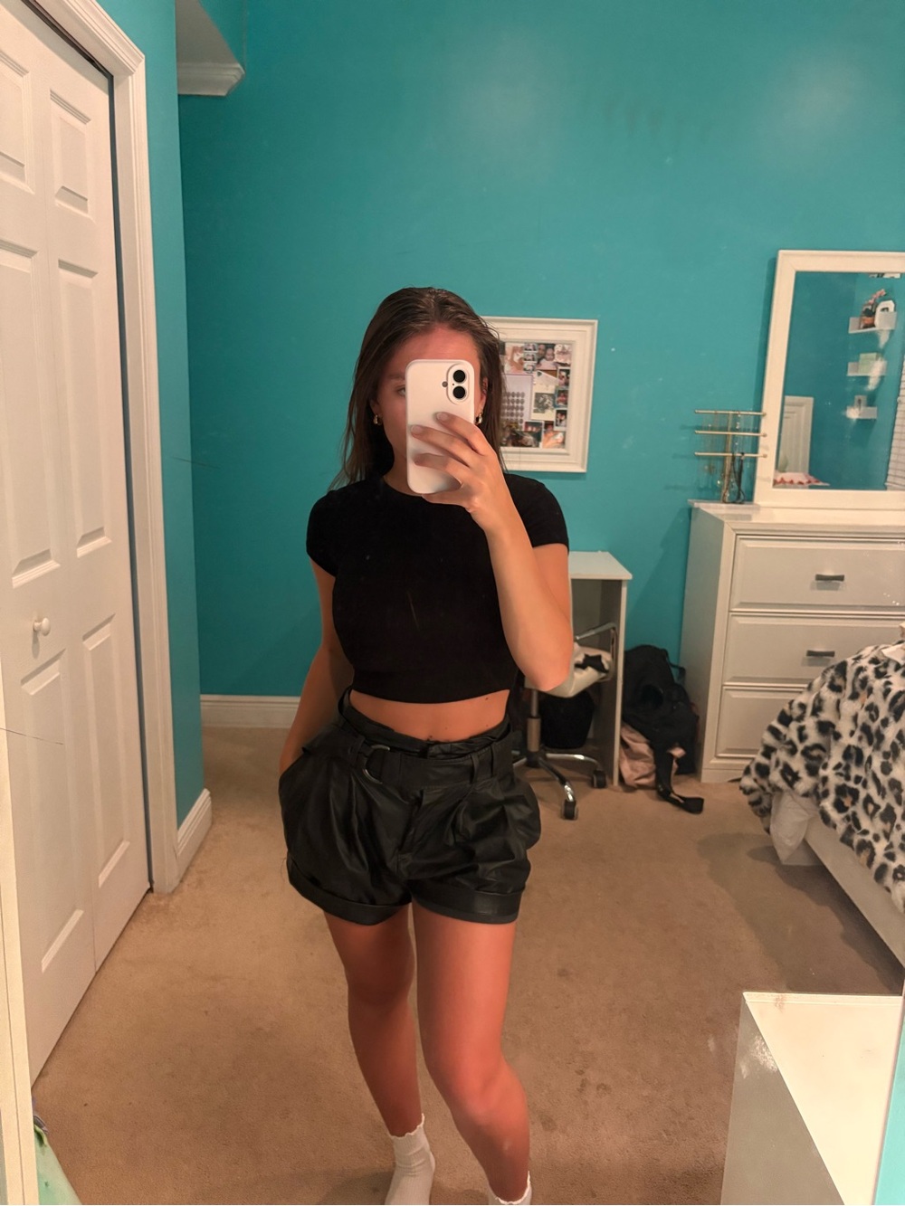 High waisted leather shorts with belt